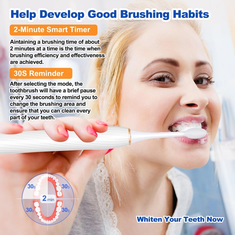 FXQQZZ Electric Toothbrush for Adults and Kids, with Tongue Scraper and Travel Case, 8 Brush Head, Smart Timer & 4 Modes Rechargeable Toothbrush, 42000 VPM Deep Clean, One Charge Last 90 Days - White - Image 5